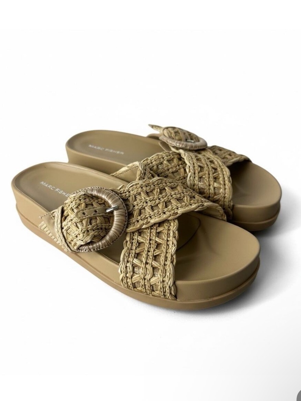 Marc Fisher Welti Raffia Woven Platform Slide Sandals Coastal Boho Resort Sz 8